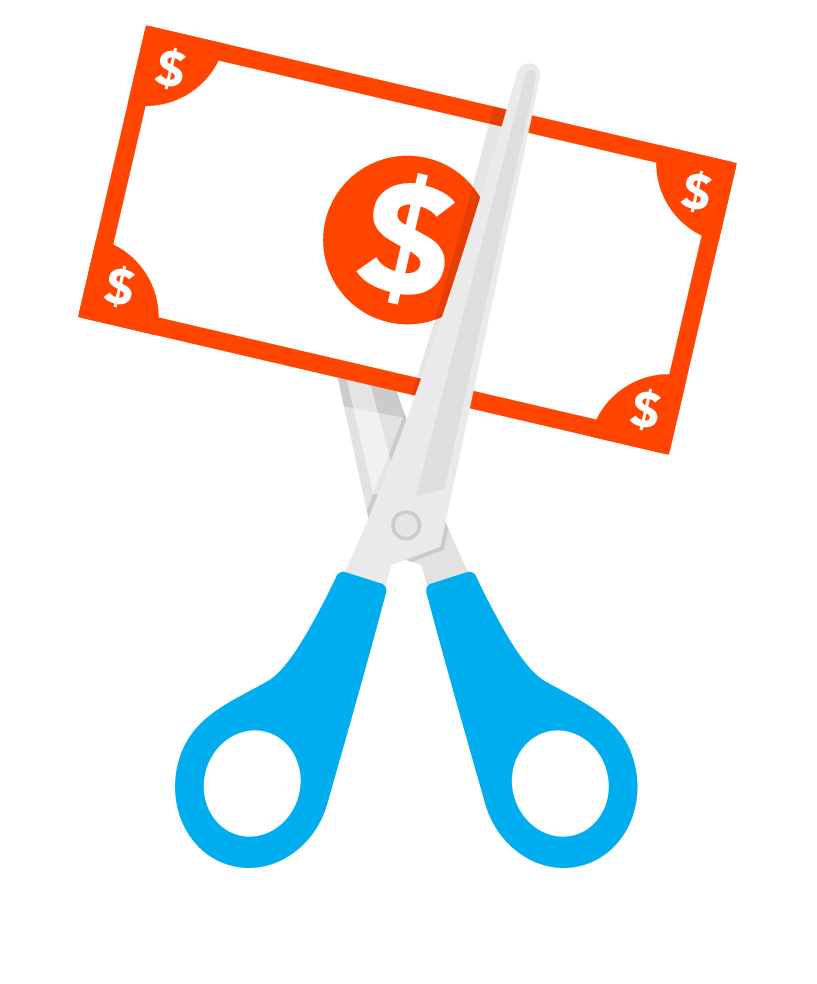 scissors cutting dollar in half icon