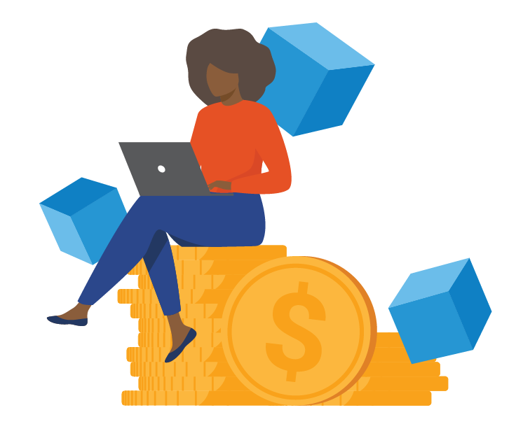 graphic of women typing on computer while sitting on a stack of change